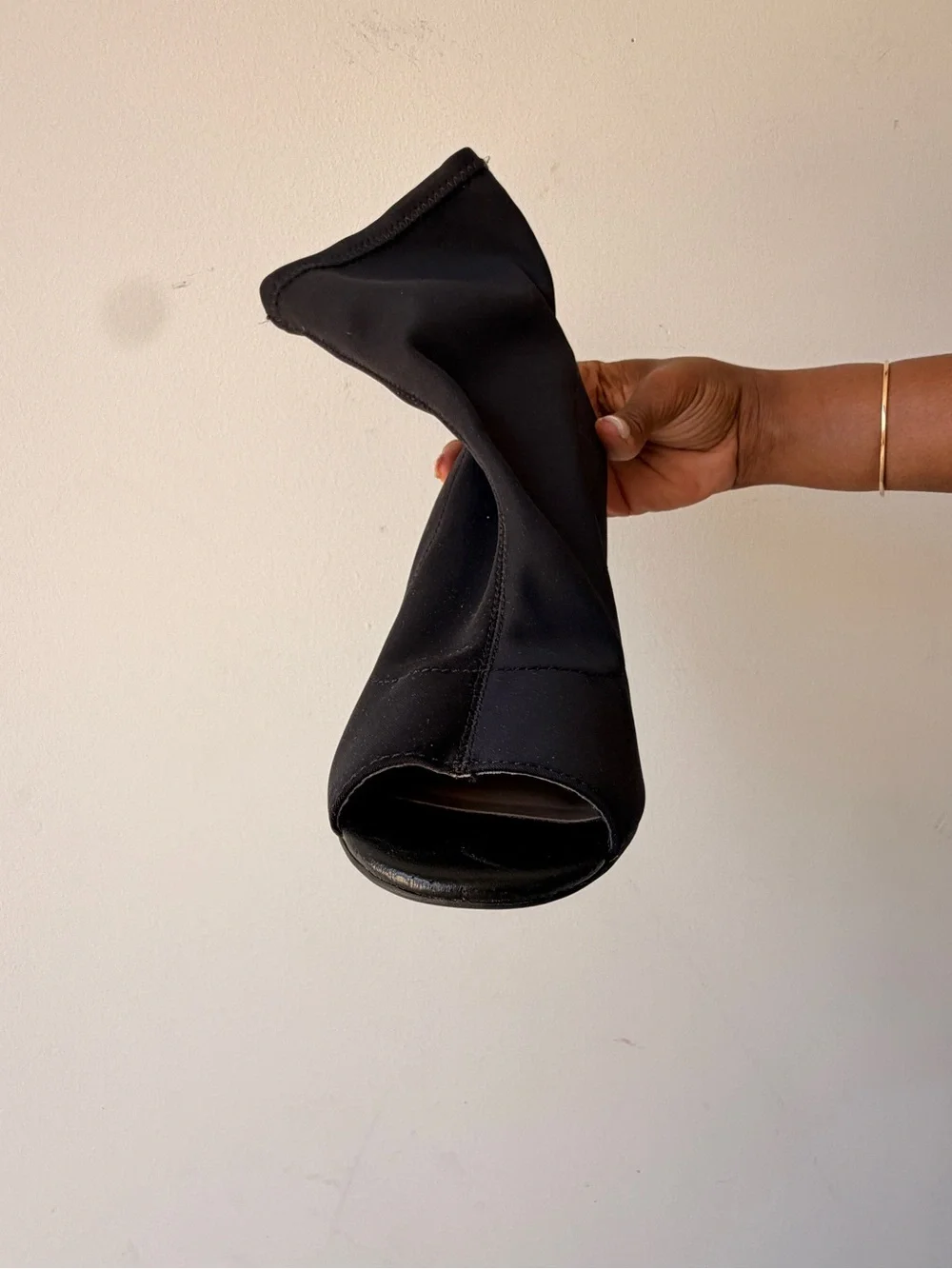 Black Peep-Toe Sock Boot with Clear Block Heel